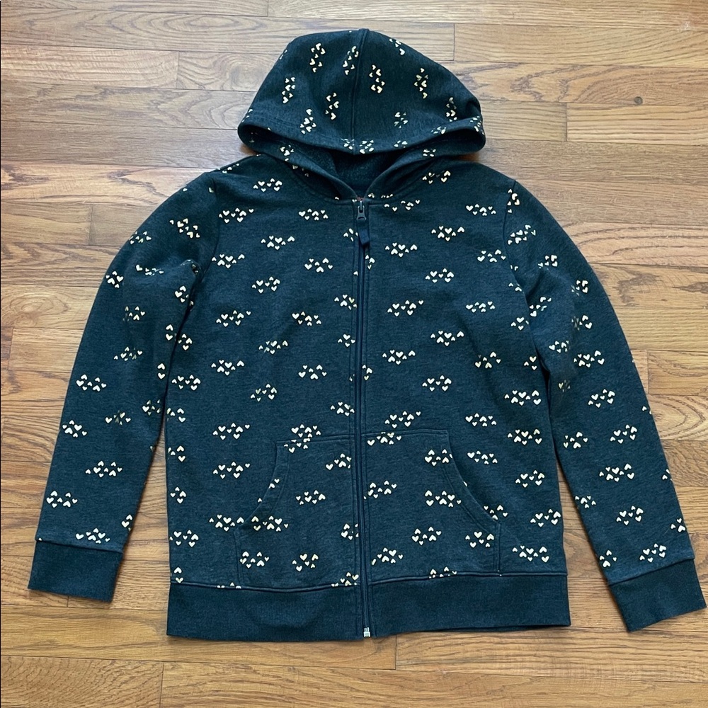 Cat & Jack girls charcoal grey W/ gold hearts fleece hoodie sweatshirt XL 14/16